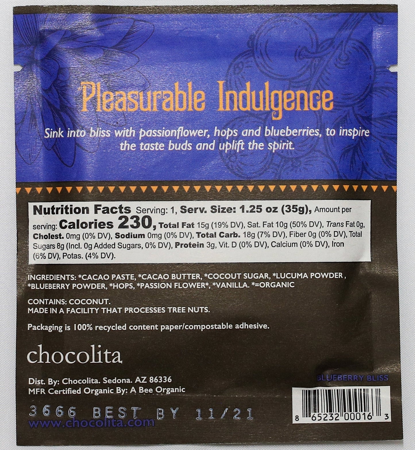 Chocolita - Organic, Blueberry Bliss - 56% Chocolate Bar - 1.25oz