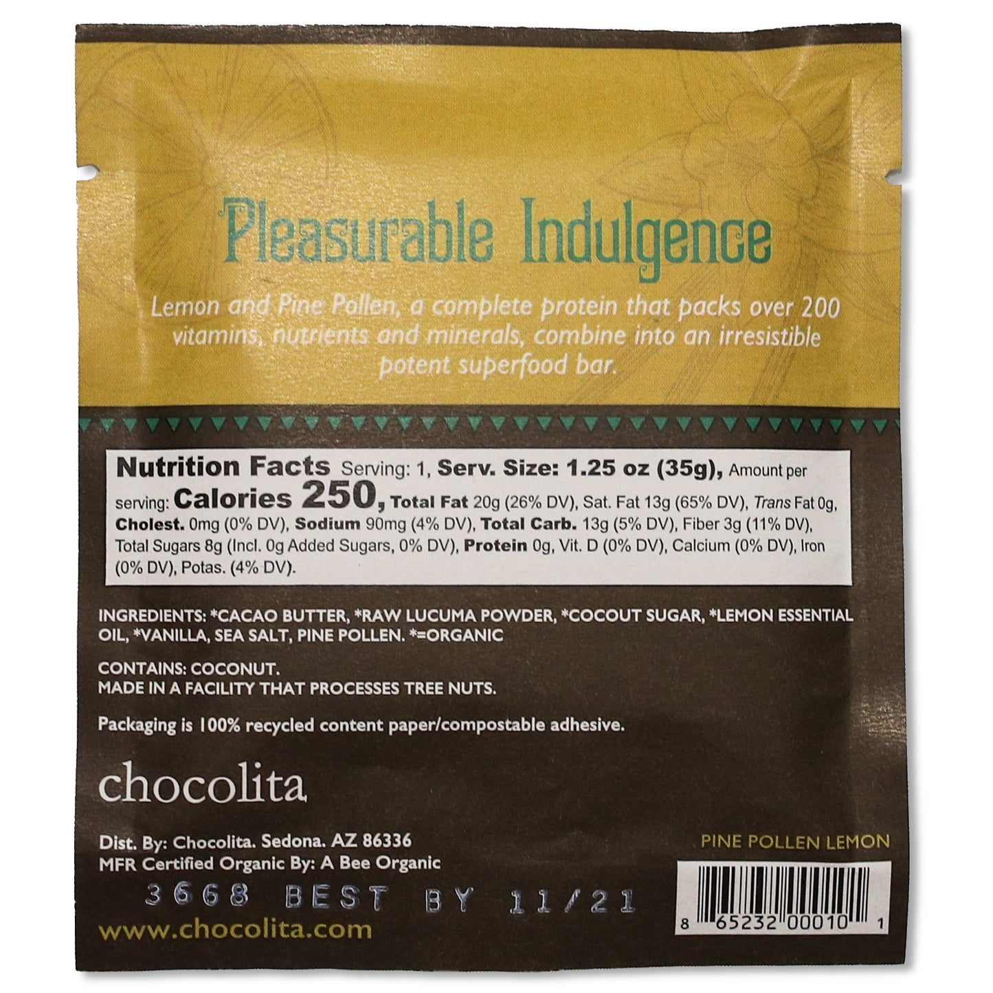 Chocolita Organic Raw 59% Pine Pollen Lemon White Chocolate Bar - 1.25oz